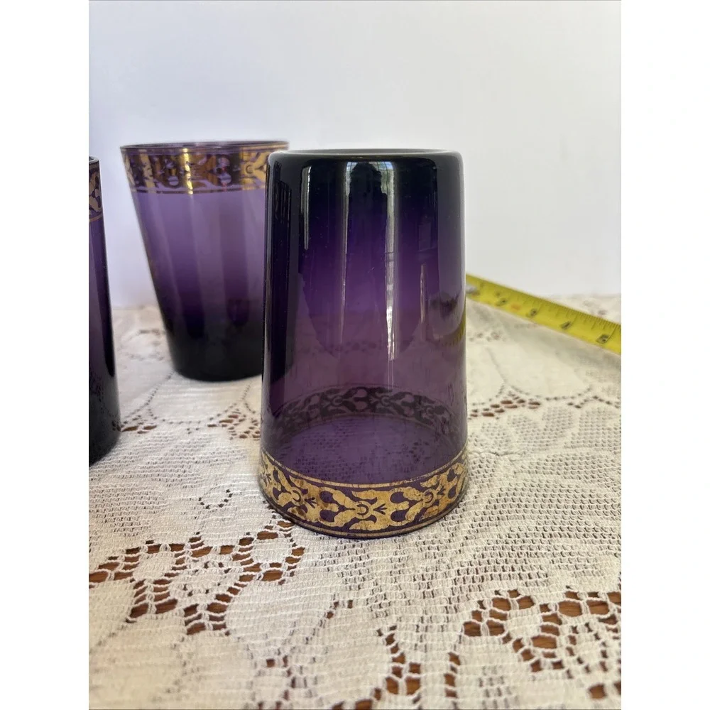 4- Amethyst Glass Tumblers with Gold Scroll Band Moroccan Boho Barware Pier 1